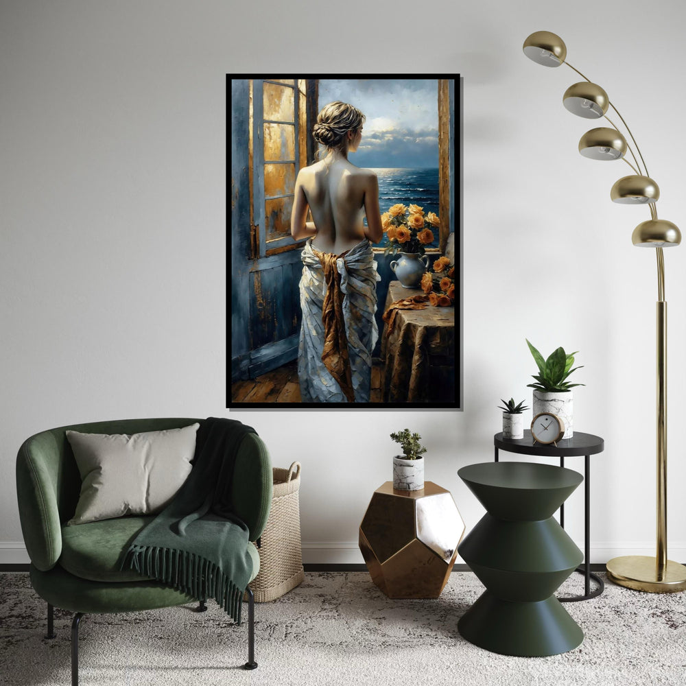 Lady at the Window Canvas, Romantic Ocean View Art, Floral Decor, Wall Art Canvas Design, Ready to Hang Decoration