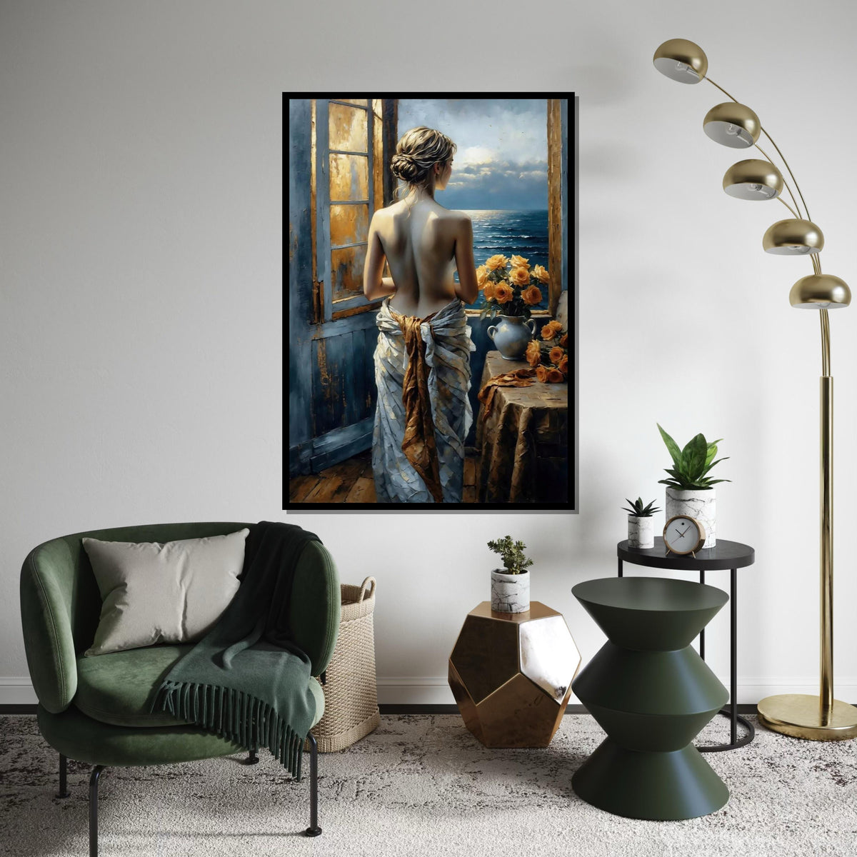 Lady at the Window Canvas, Romantic Ocean View Art, Floral Decor, Wall Art Canvas Design, Ready to Hang Decoration