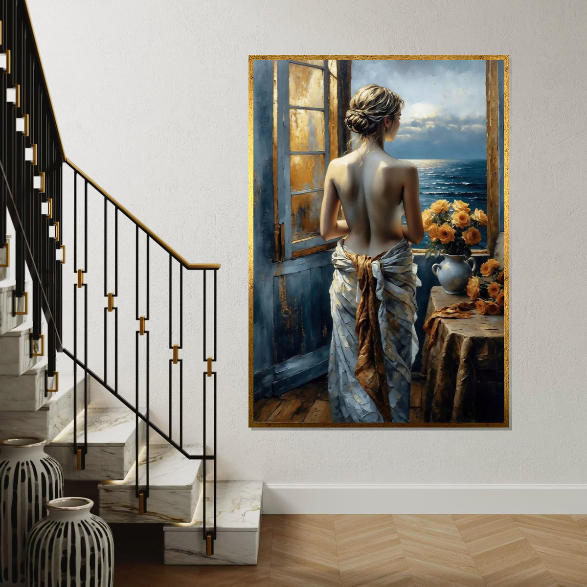 Lady at the Window Canvas, Romantic Ocean View Art, Floral Decor, Wall Art Canvas Design, Ready to Hang Decoration