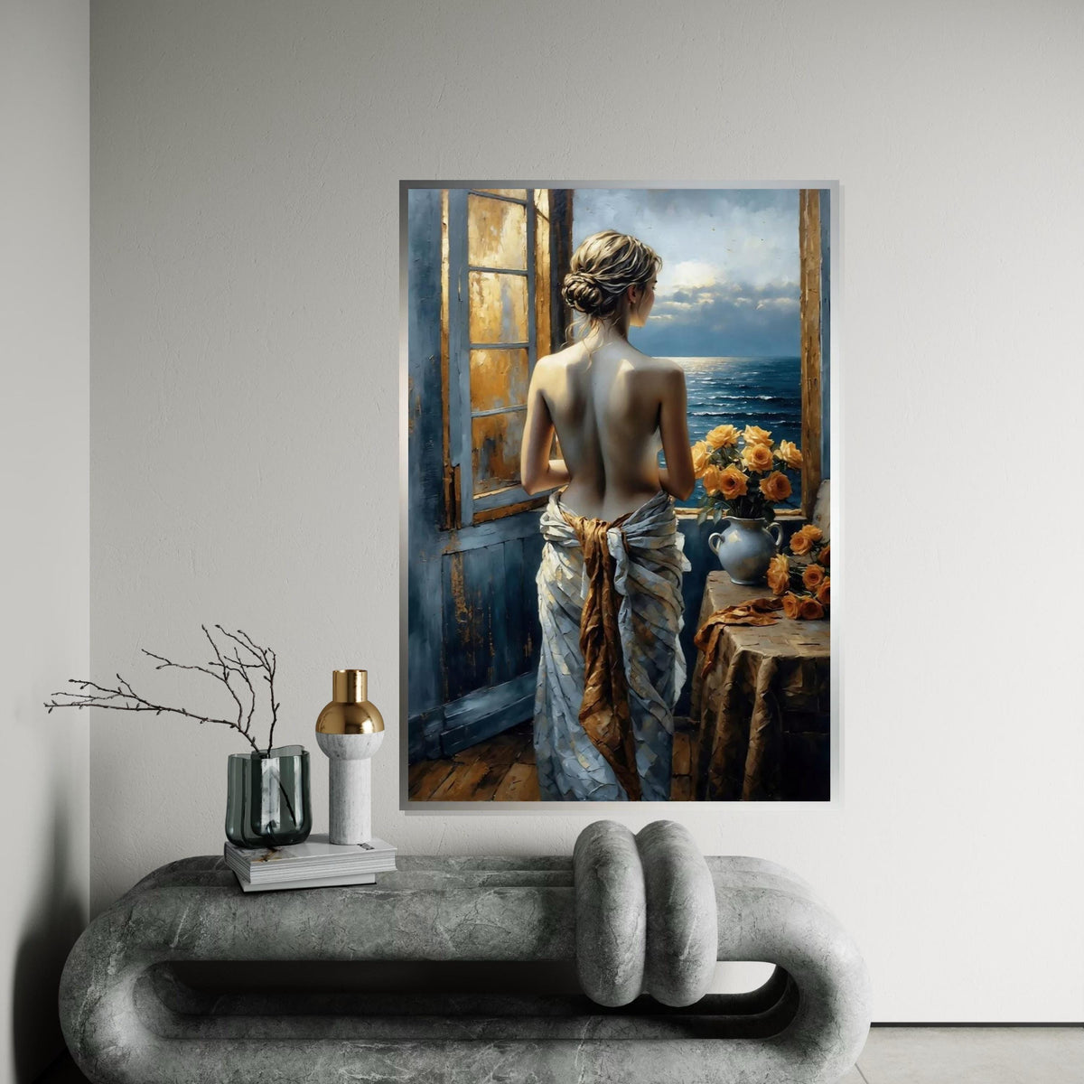 Lady at the Window Canvas, Romantic Ocean View Art, Floral Decor, Wall Art Canvas Design, Ready to Hang Decoration