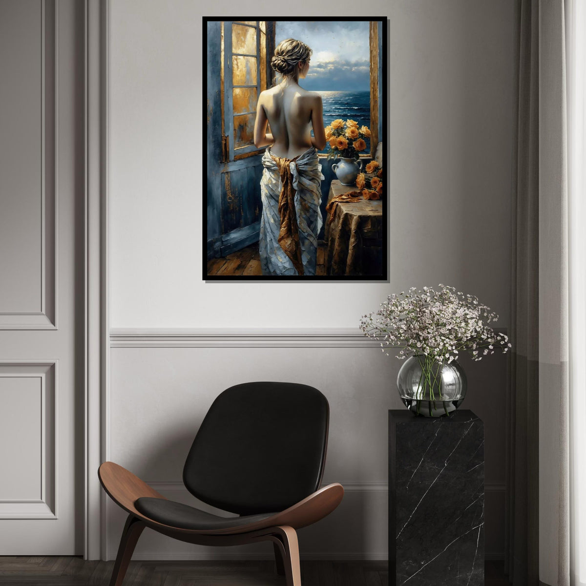 Lady at the Window Canvas, Romantic Ocean View Art, Floral Decor, Wall Art Canvas Design, Ready to Hang Decoration
