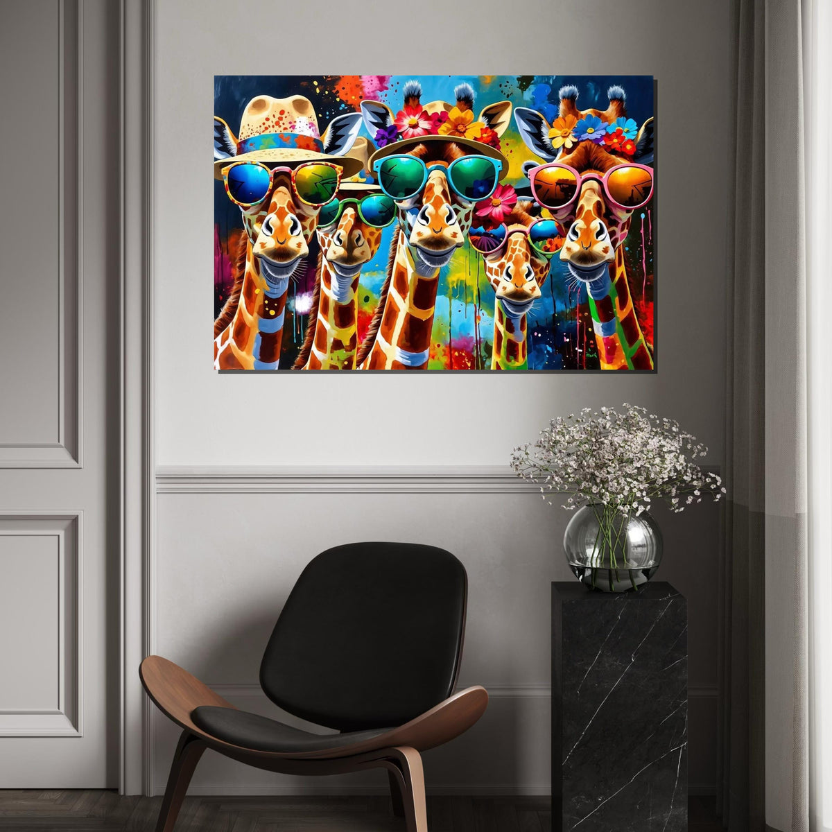 Colorful Giraffes, Giraffes in Sunglasses Canvas, Animal Wall Art, Multicolor Print, Wall Art Canvas Design, Ready to Hang Decoration