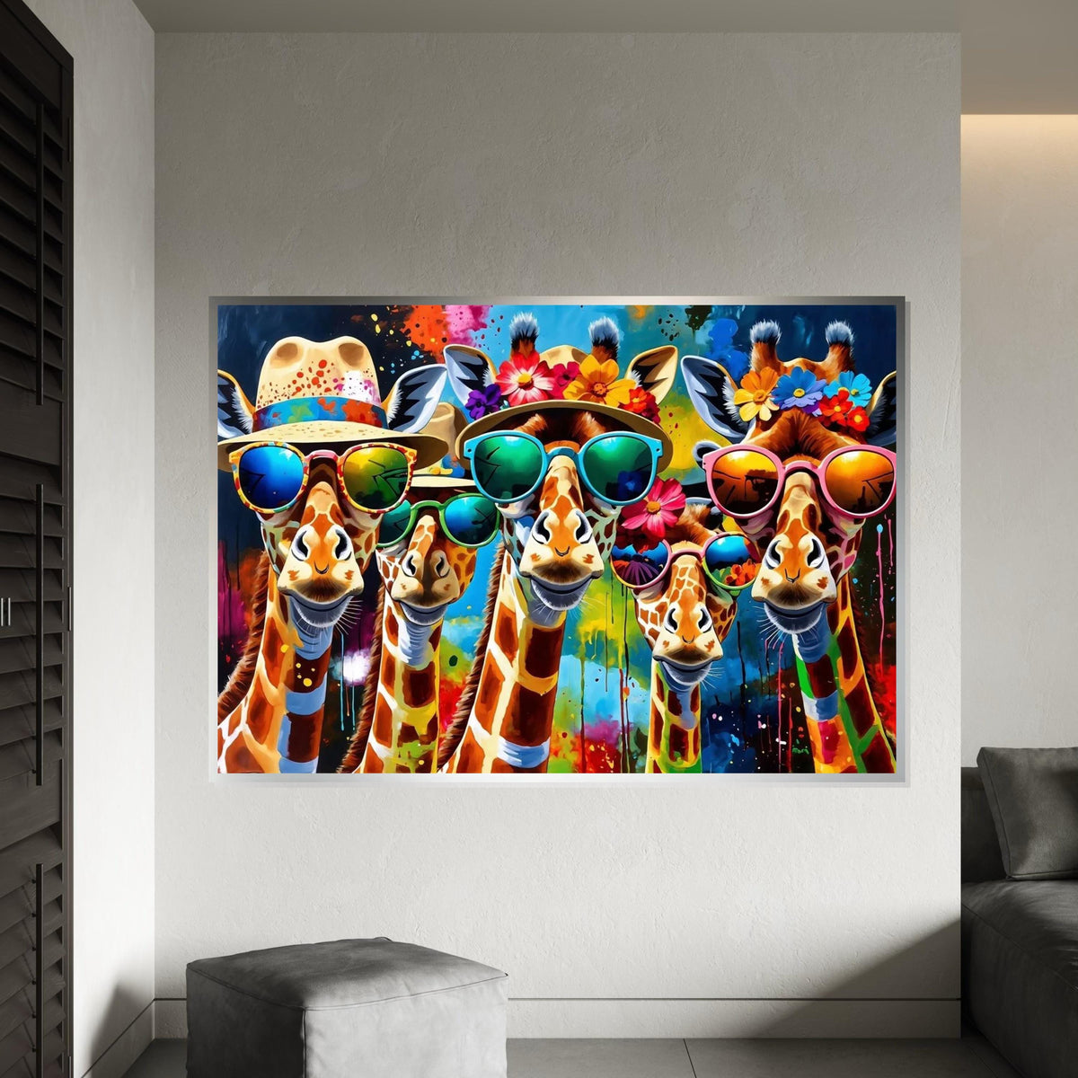 Colorful Giraffes, Giraffes in Sunglasses Canvas, Animal Wall Art, Multicolor Print, Wall Art Canvas Design, Ready to Hang Decoration
