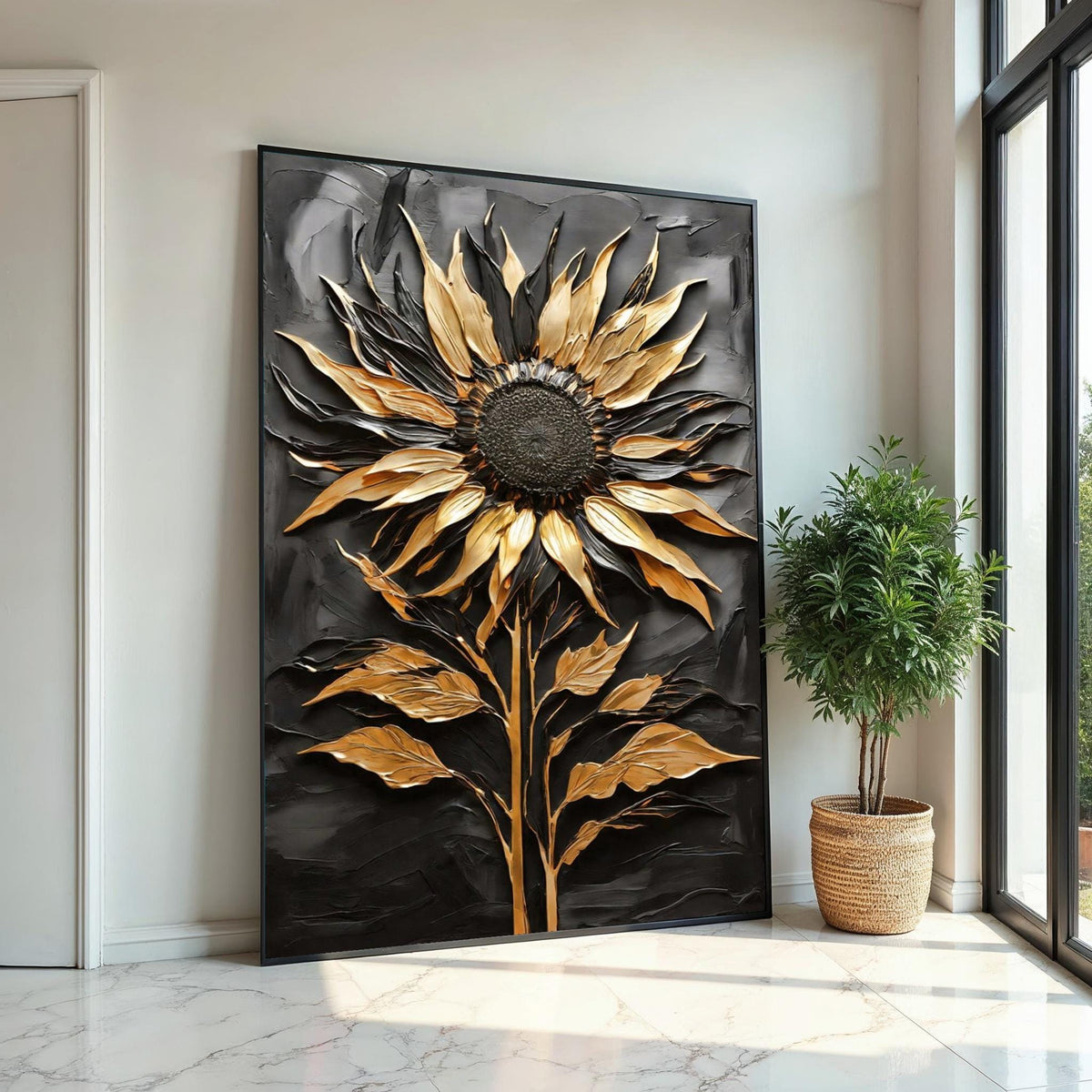 Golden Sunflower Canvas, Metallic Art, Sunflower Wall Print, 3D Wall Art Canvas Design, Ready to Hang Decoration, Flower Art