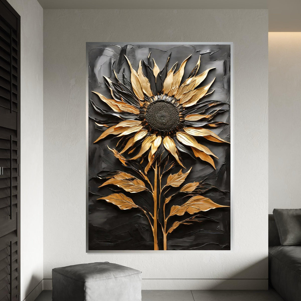 Golden Sunflower Canvas, Metallic Art, Sunflower Wall Print, 3D Wall Art Canvas Design, Ready to Hang Decoration, Flower Art