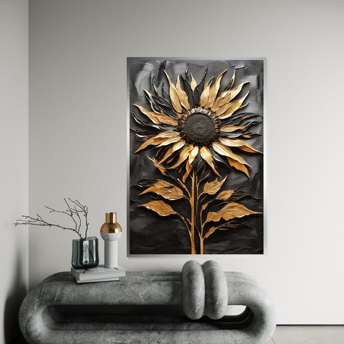 Golden Sunflower Canvas, Metallic Art, Sunflower Wall Print, 3D Wall Art Canvas Design, Ready to Hang Decoration, Flower Art