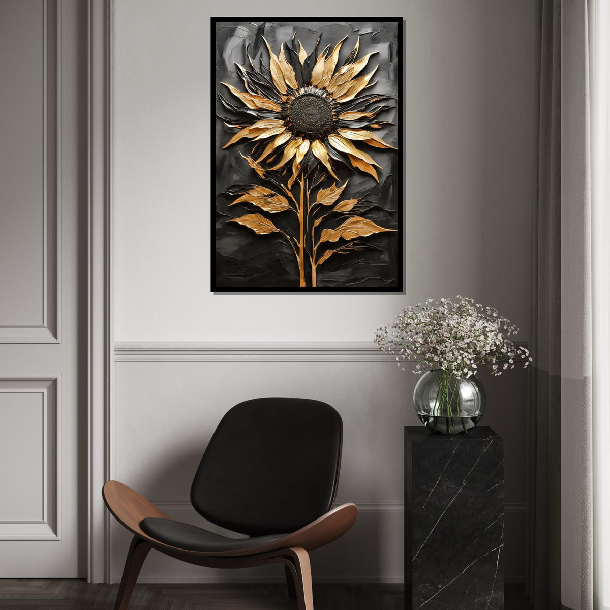 Golden Sunflower Canvas, Metallic Art, Sunflower Wall Print, 3D Wall Art Canvas Design, Ready to Hang Decoration, Flower Art