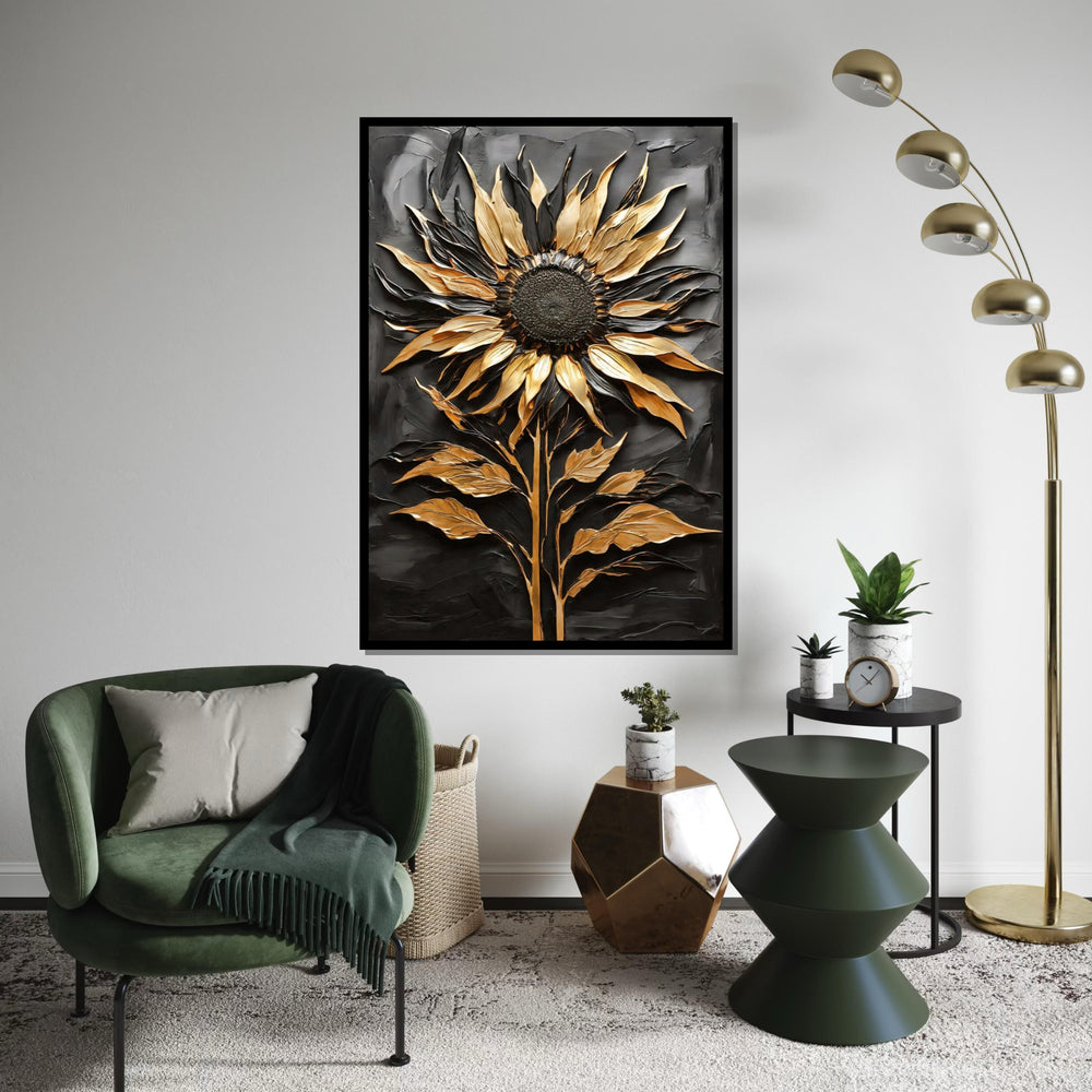 Golden Sunflower Canvas, Metallic Art, Sunflower Wall Print, 3D Wall Art Canvas Design, Ready to Hang Decoration, Flower Art