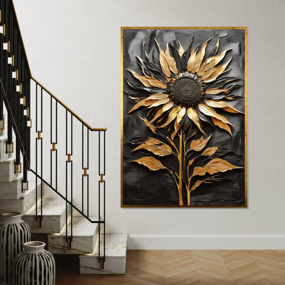 Golden Sunflower Canvas, Metallic Art, Sunflower Wall Print, 3D Wall Art Canvas Design, Ready to Hang Decoration, Flower Art