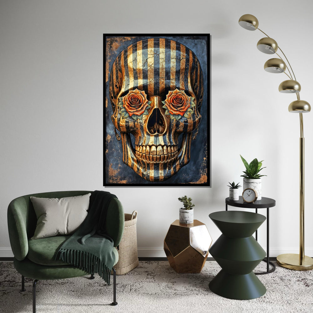 Striped Skull Roses, Skull Art Canvas, Floral Skull Print, Wall Art Canvas Design, Ready To Hang Decoration, Gothic Art Poster
