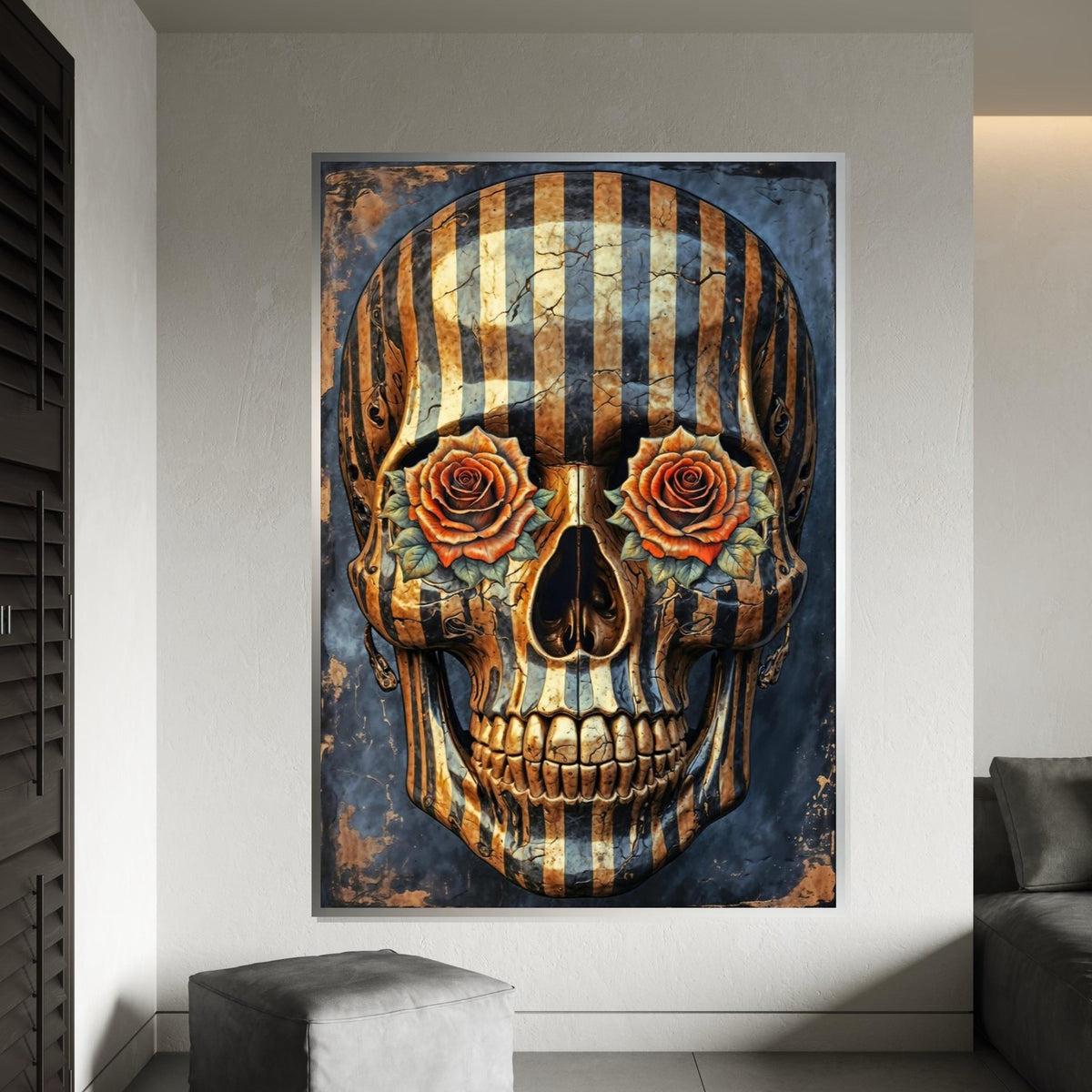 Striped Skull Roses, Skull Art Canvas, Floral Skull Print, Wall Art Canvas Design, Ready To Hang Decoration, Gothic Art Poster