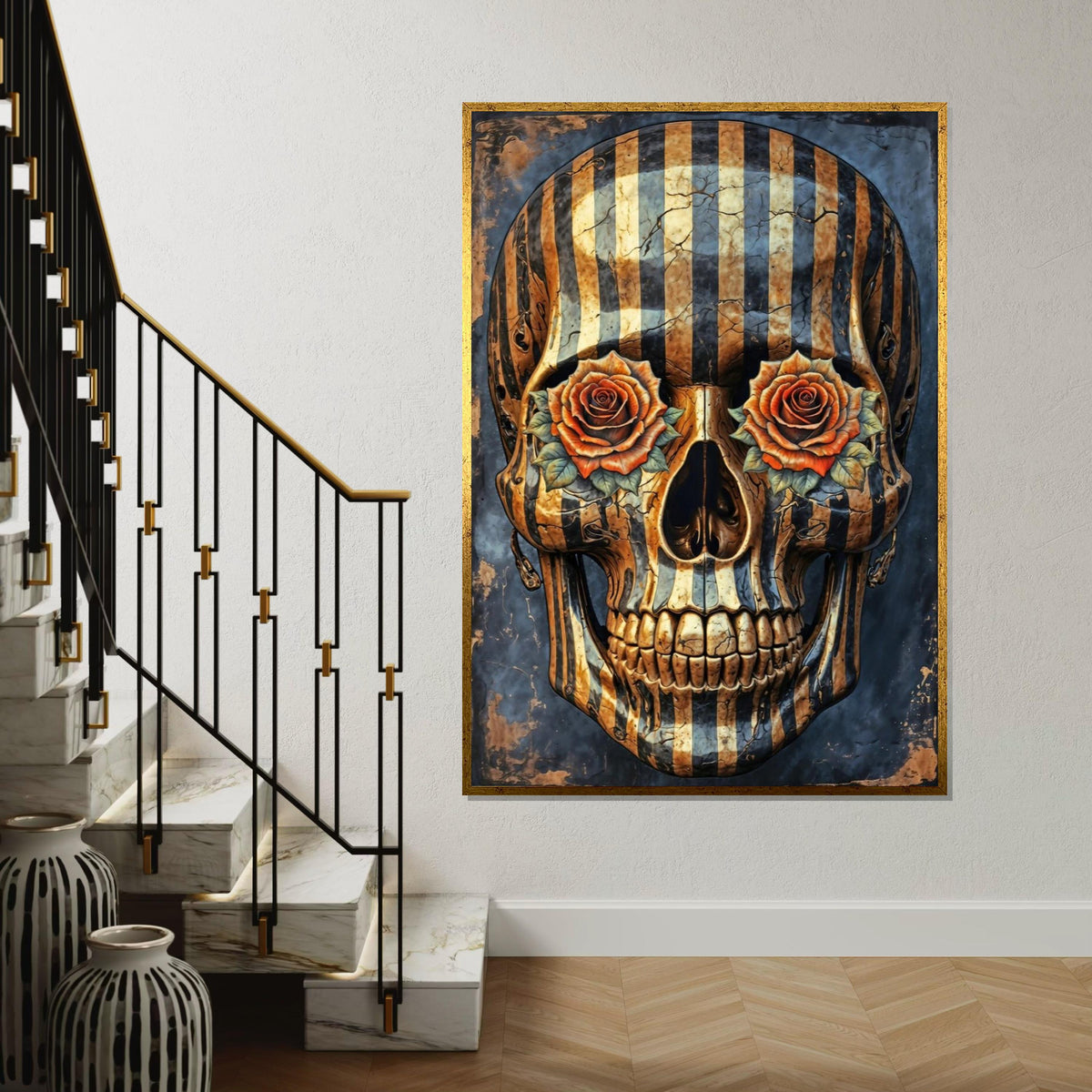 Striped Skull Roses, Skull Art Canvas, Floral Skull Print, Wall Art Canvas Design, Ready To Hang Decoration, Gothic Art Poster