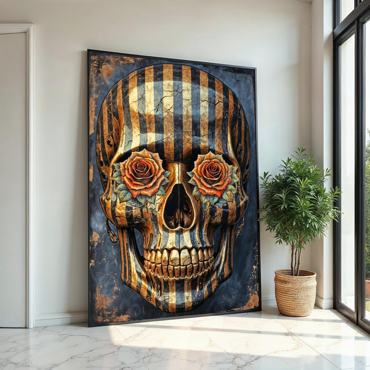 Striped Skull Roses, Skull Art Canvas, Floral Skull Print, Wall Art Canvas Design, Ready To Hang Decoration, Gothic Art Poster
