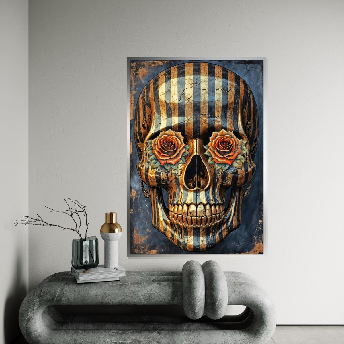 Striped Skull Roses, Skull Art Canvas, Floral Skull Print, Wall Art Canvas Design, Ready To Hang Decoration, Gothic Art Poster