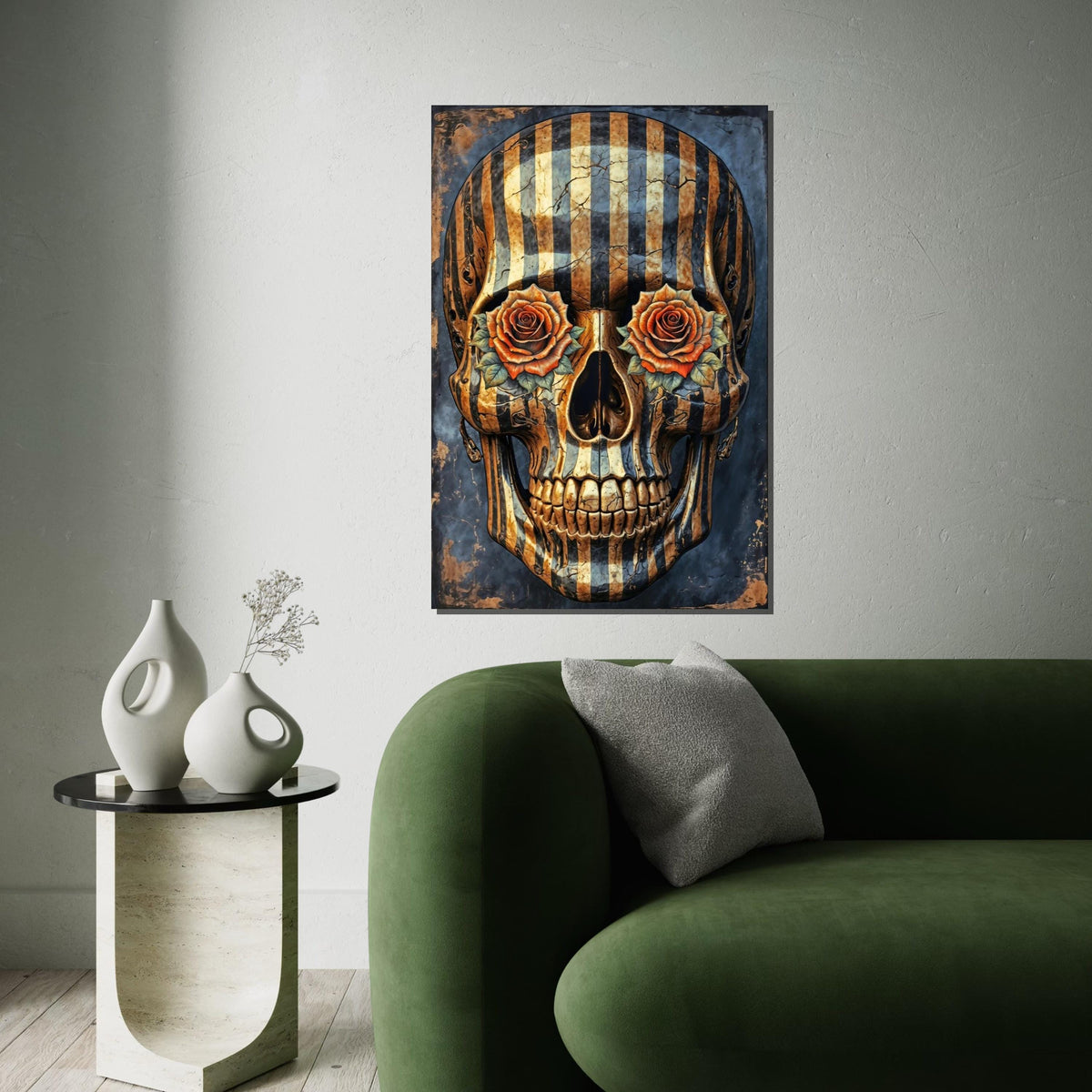 Striped Skull Roses, Skull Art Canvas, Floral Skull Print, Wall Art Canvas Design, Ready To Hang Decoration, Gothic Art Poster