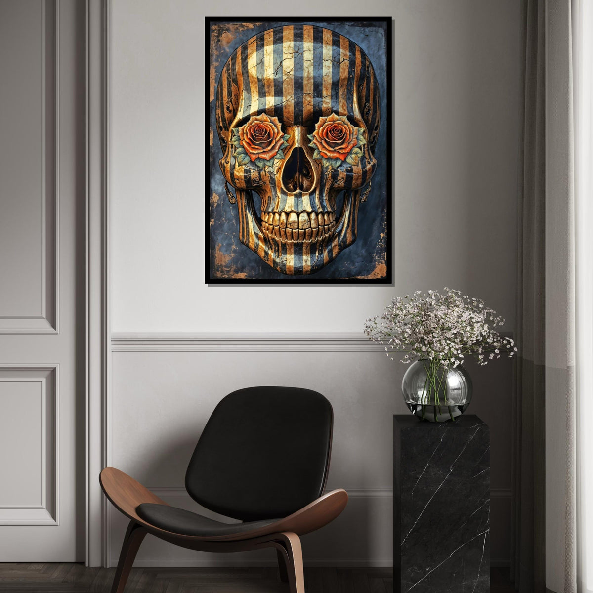 Striped Skull Roses, Skull Art Canvas, Floral Skull Print, Wall Art Canvas Design, Ready To Hang Decoration, Gothic Art Poster