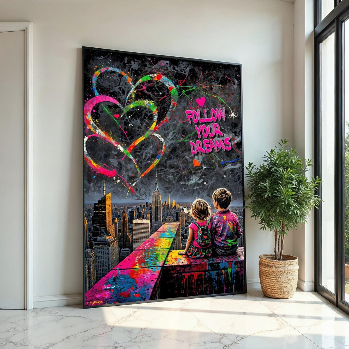 Follow Your Dreams Canvas, Colorful Skyline Poster, Inspirational Art, Wall Art Canvas Design, Ready To Hang Decoration