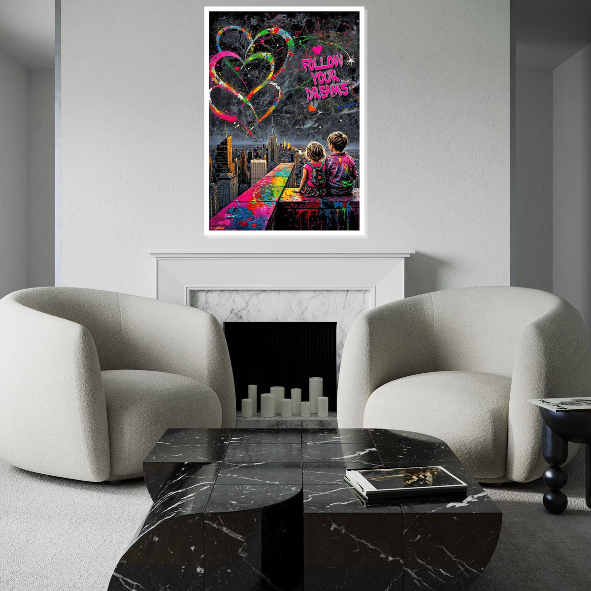 Follow Your Dreams Canvas, Colorful Skyline Poster, Inspirational Art, Wall Art Canvas Design, Ready To Hang Decoration