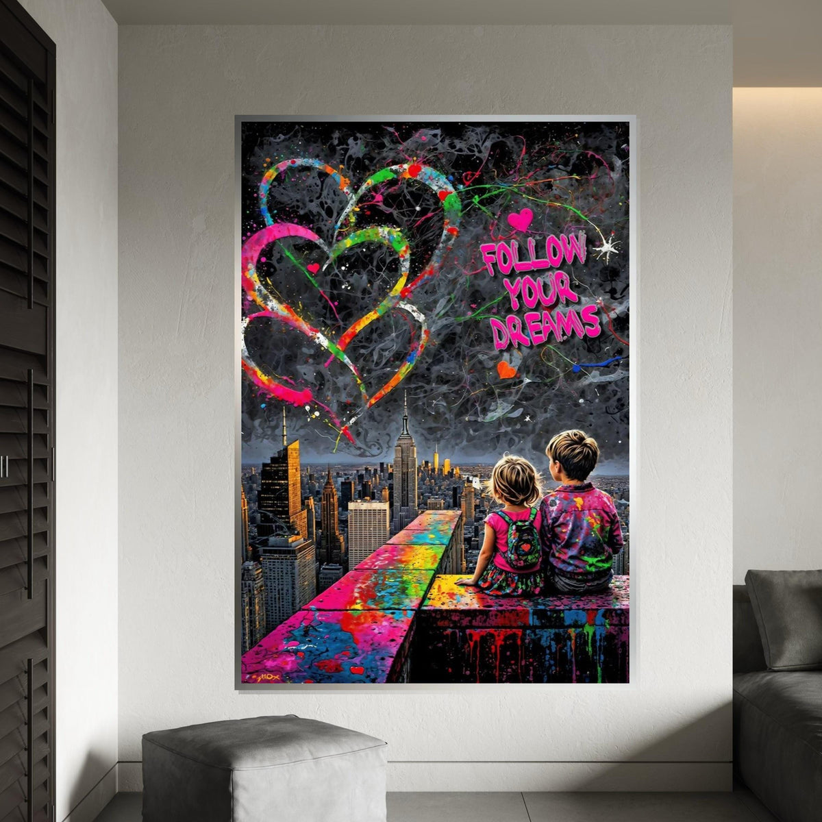 Follow Your Dreams Canvas, Colorful Skyline Poster, Inspirational Art, Wall Art Canvas Design, Ready To Hang Decoration