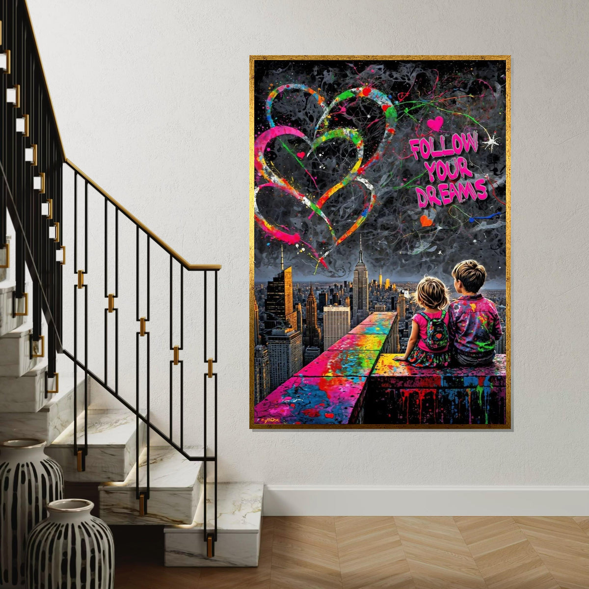 Follow Your Dreams Canvas, Colorful Skyline Poster, Inspirational Art, Wall Art Canvas Design, Ready To Hang Decoration