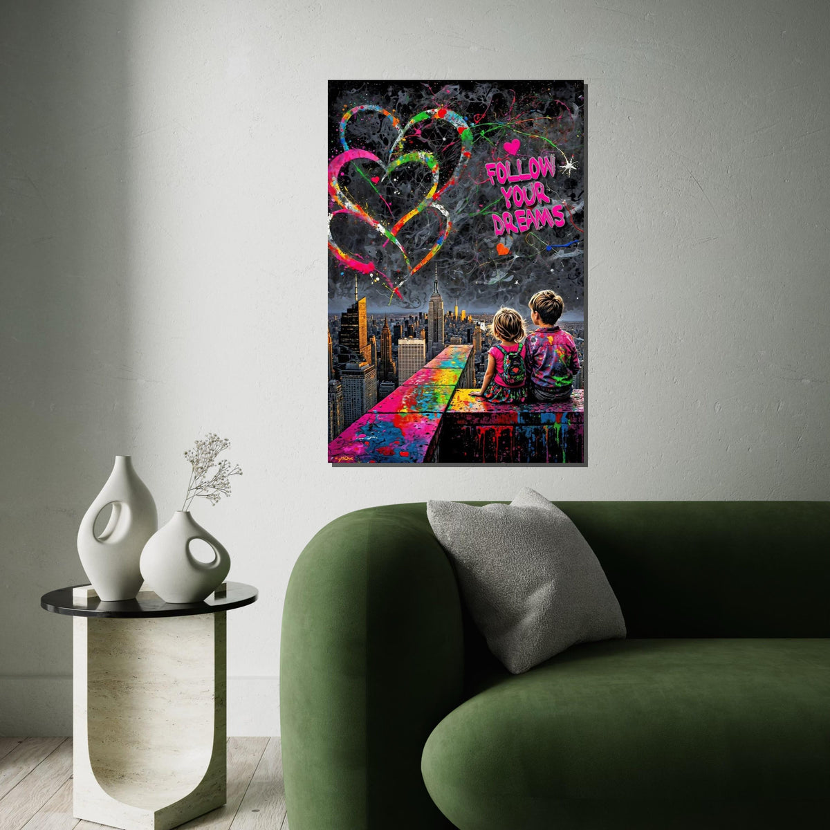 Follow Your Dreams Canvas, Colorful Skyline Poster, Inspirational Art, Wall Art Canvas Design, Ready To Hang Decoration