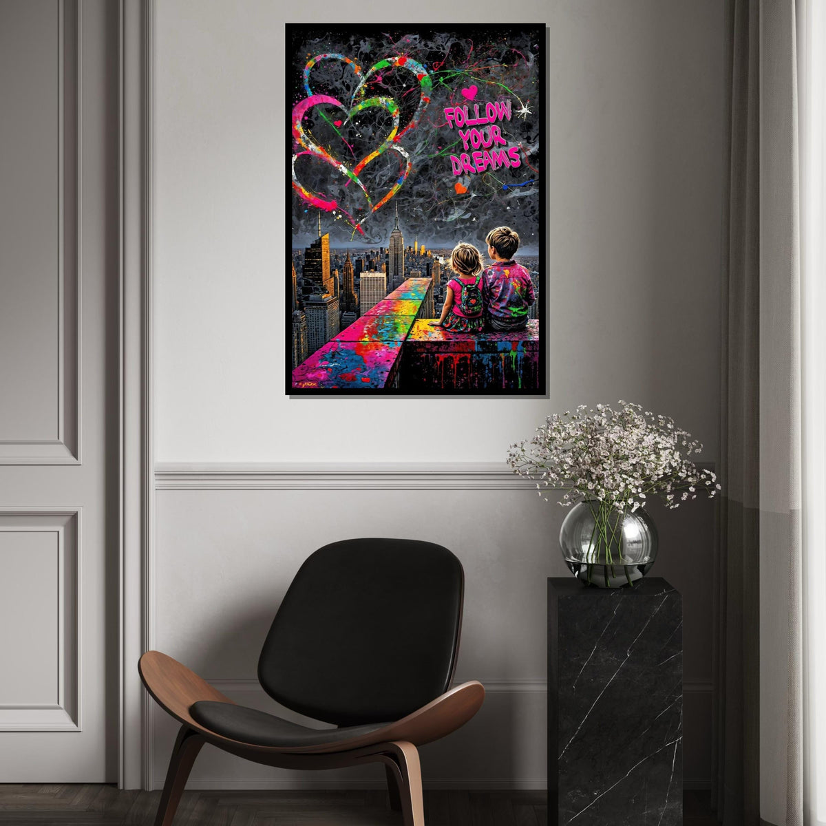 Follow Your Dreams Canvas, Colorful Skyline Poster, Inspirational Art, Wall Art Canvas Design, Ready To Hang Decoration