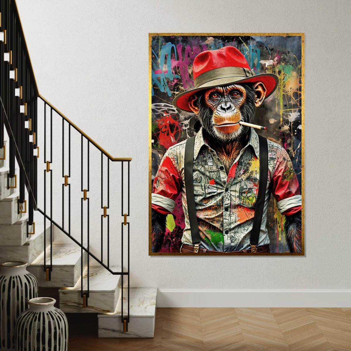 Chimp in Red Hat Canvas, Graffiti Ape Art, Urban Monkey Wall Print, Wall Art Canvas Design, Ready to Hang Decoration