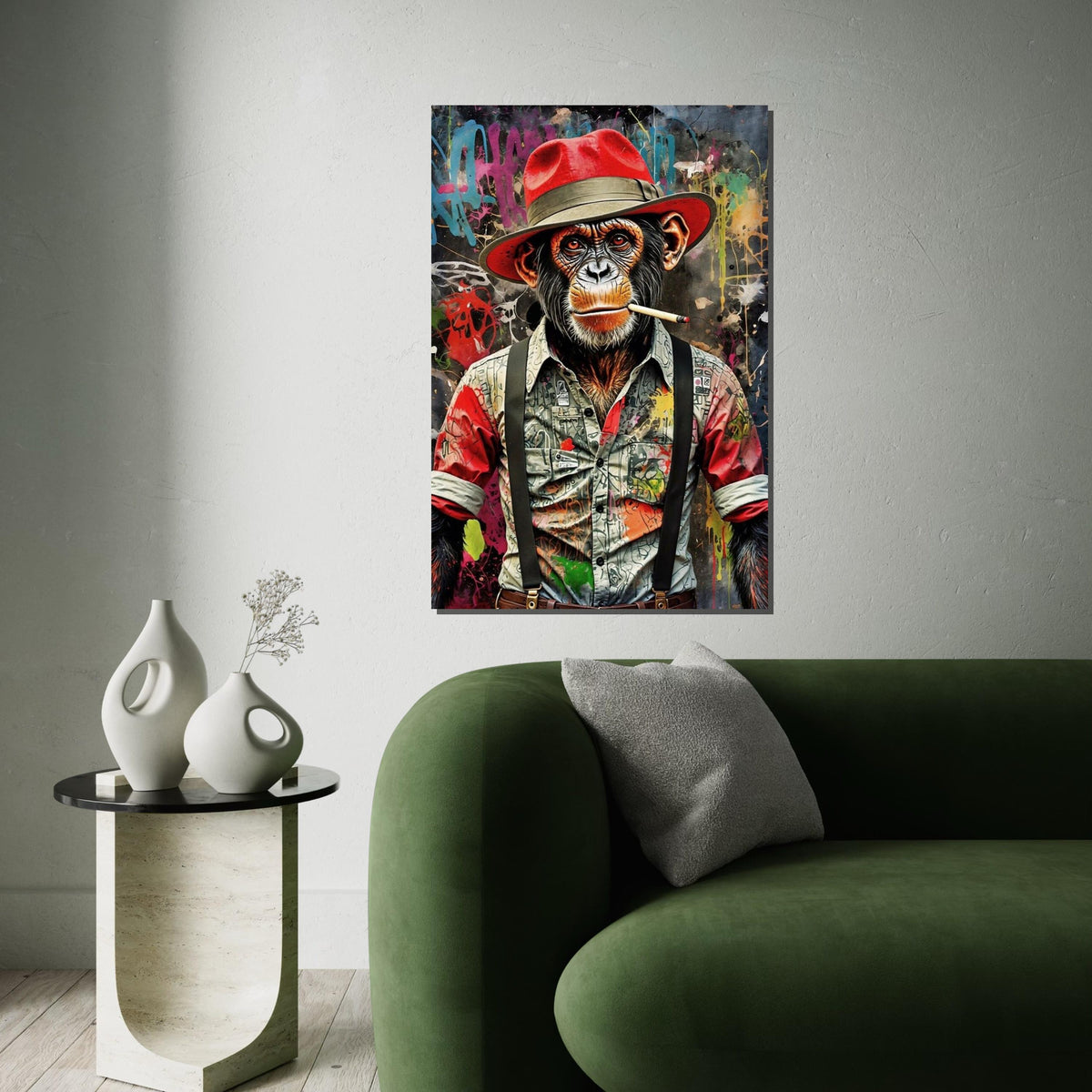 Chimp in Red Hat Canvas, Graffiti Ape Art, Urban Monkey Wall Print, Wall Art Canvas Design, Ready to Hang Decoration