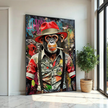 Chimp in Red Hat Canvas, Graffiti Ape Art, Urban Monkey Wall Print, Wall Art Canvas Design, Ready to Hang Decoration