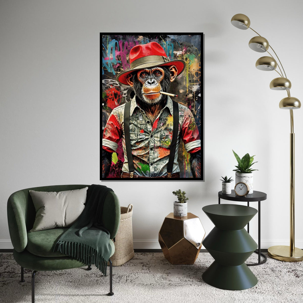 Chimp in Red Hat Canvas, Graffiti Ape Art, Urban Monkey Wall Print, Wall Art Canvas Design, Ready to Hang Decoration