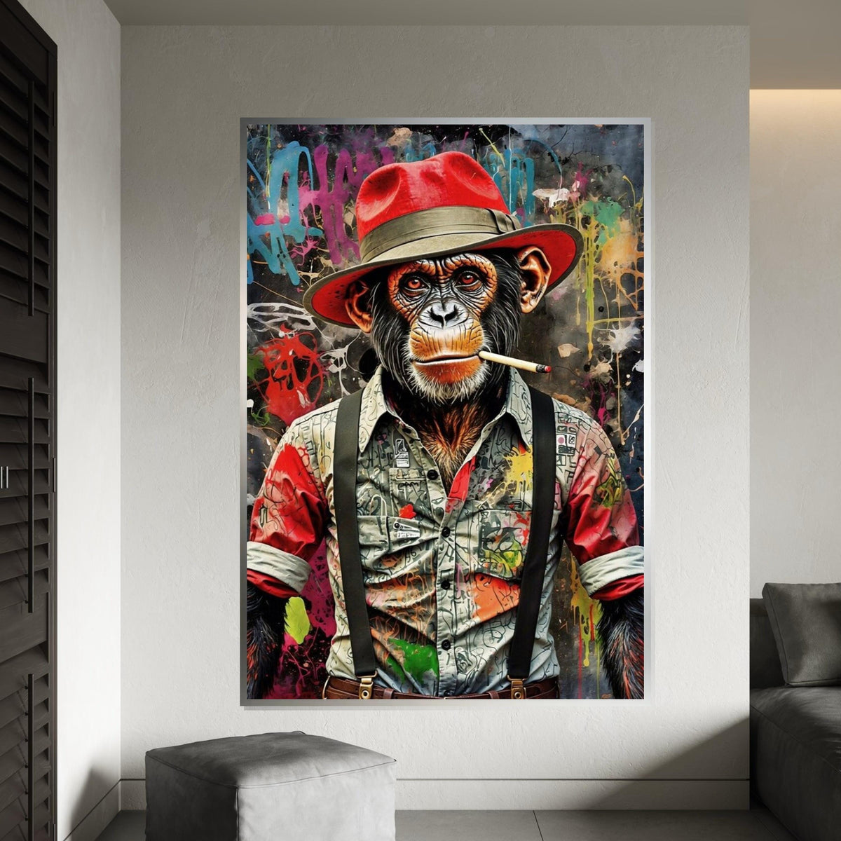 Chimp in Red Hat Canvas, Graffiti Ape Art, Urban Monkey Wall Print, Wall Art Canvas Design, Ready to Hang Decoration
