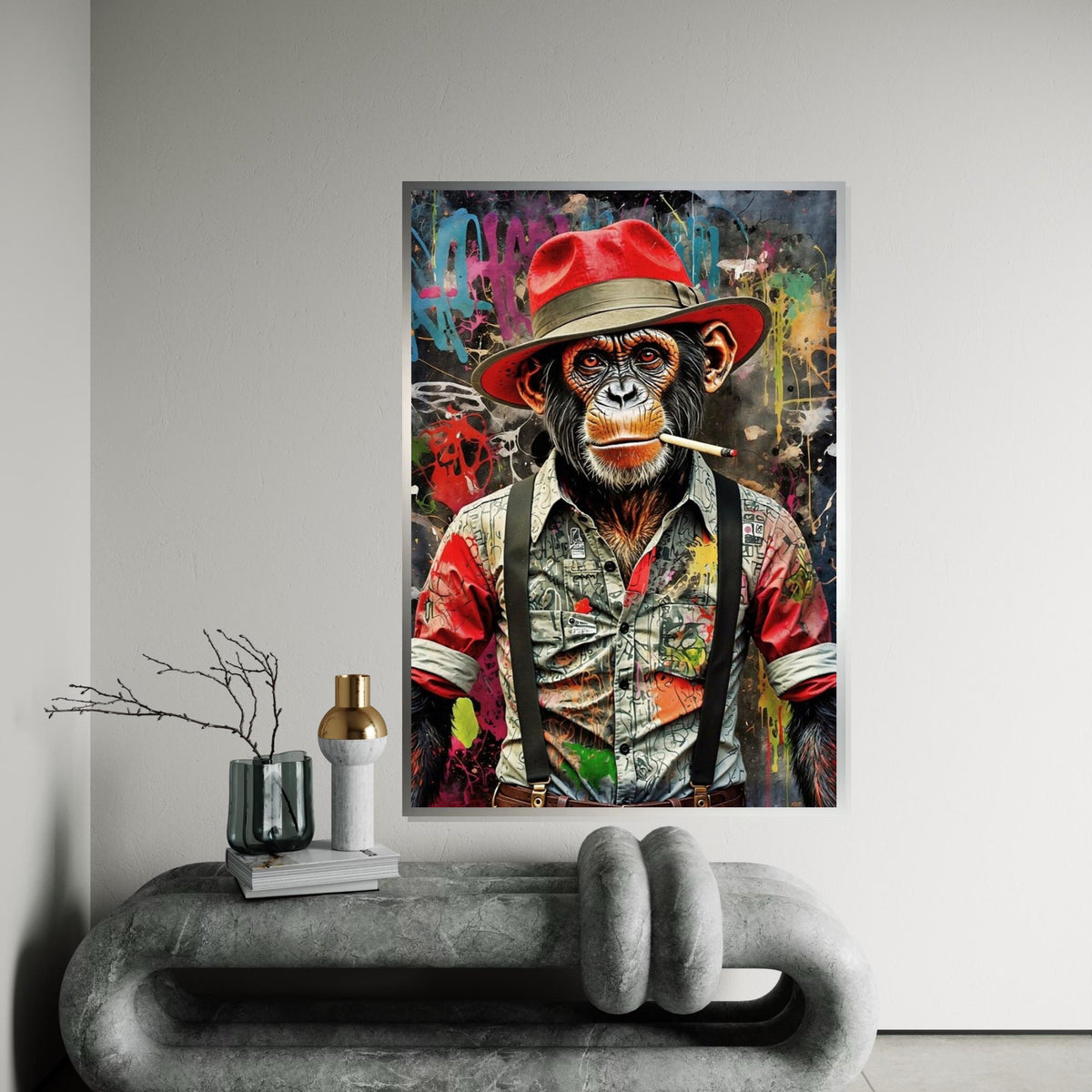Chimp in Red Hat Canvas, Graffiti Ape Art, Urban Monkey Wall Print, Wall Art Canvas Design, Ready to Hang Decoration