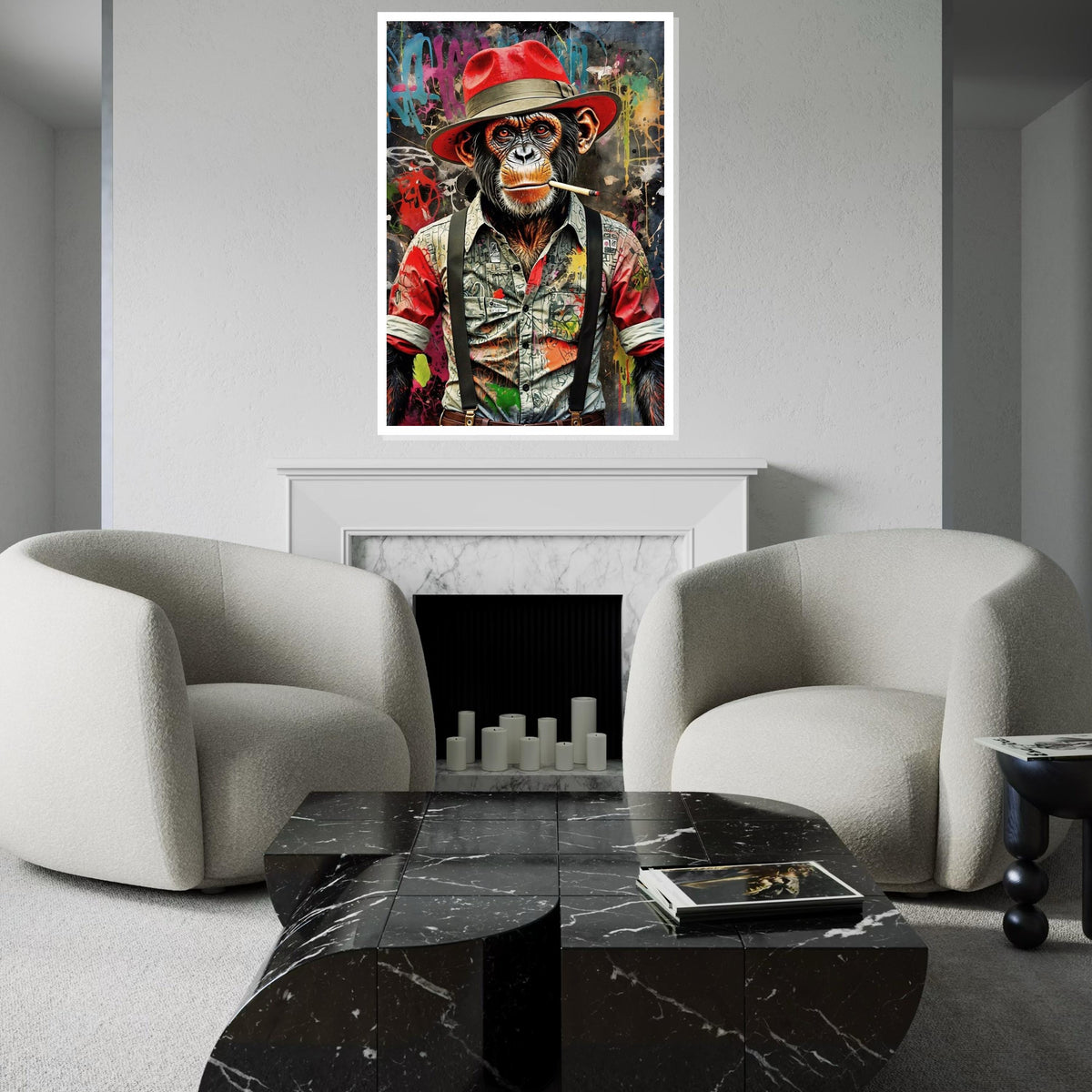 Chimp in Red Hat Canvas, Graffiti Ape Art, Urban Monkey Wall Print, Wall Art Canvas Design, Ready to Hang Decoration