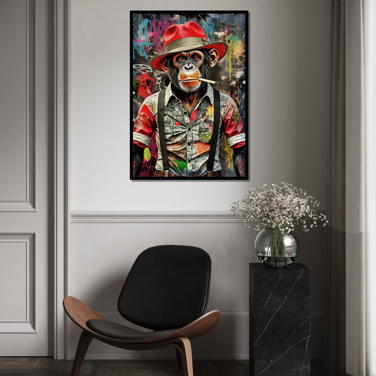 Chimp in Red Hat Canvas, Graffiti Ape Art, Urban Monkey Wall Print, Wall Art Canvas Design, Ready to Hang Decoration