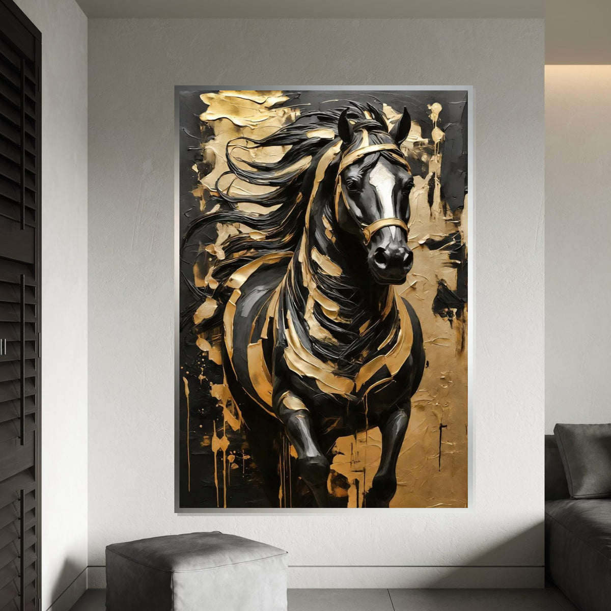 Majestic Black Stallion Canvas, Gold Accents Horse Wall Art, Equine Canvas Design, Black and Gold Art, Ready to Hang Wall Decoration