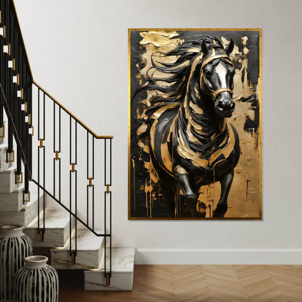 Majestic Black Stallion Canvas, Gold Accents Horse Wall Art, Equine Canvas Design, Black and Gold Art, Ready to Hang Wall Decoration