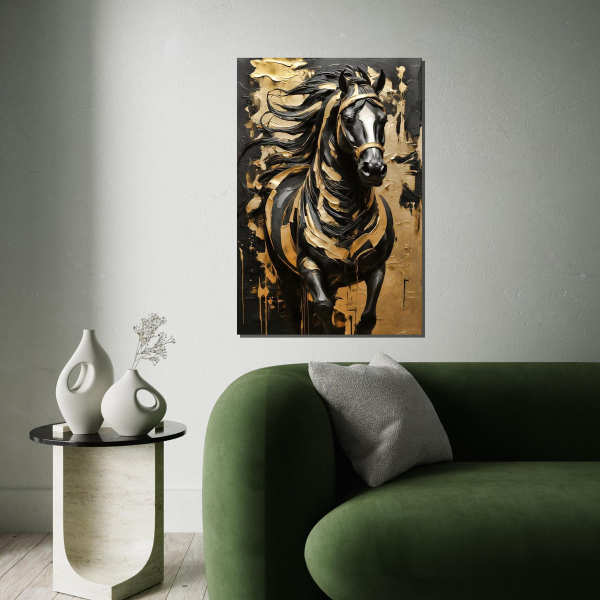 Majestic Black Stallion Canvas, Gold Accents Horse Wall Art, Equine Canvas Design, Black and Gold Art, Ready to Hang Wall Decoration