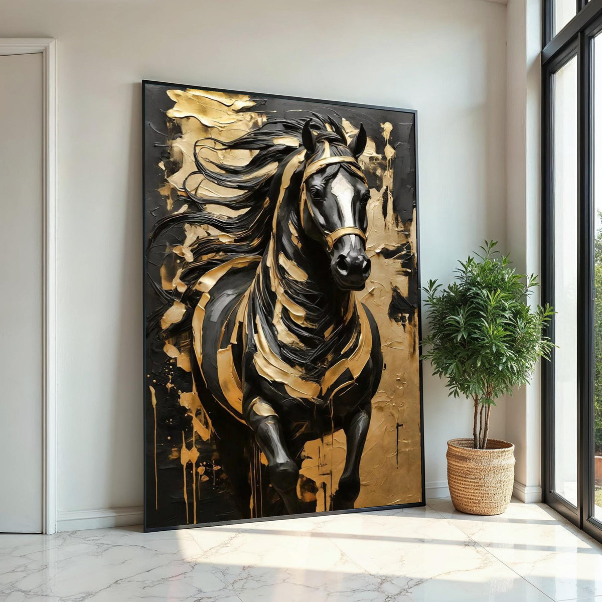 Majestic Black Stallion Canvas, Gold Accents Horse Wall Art, Equine Canvas Design, Black and Gold Art, Ready to Hang Wall Decoration
