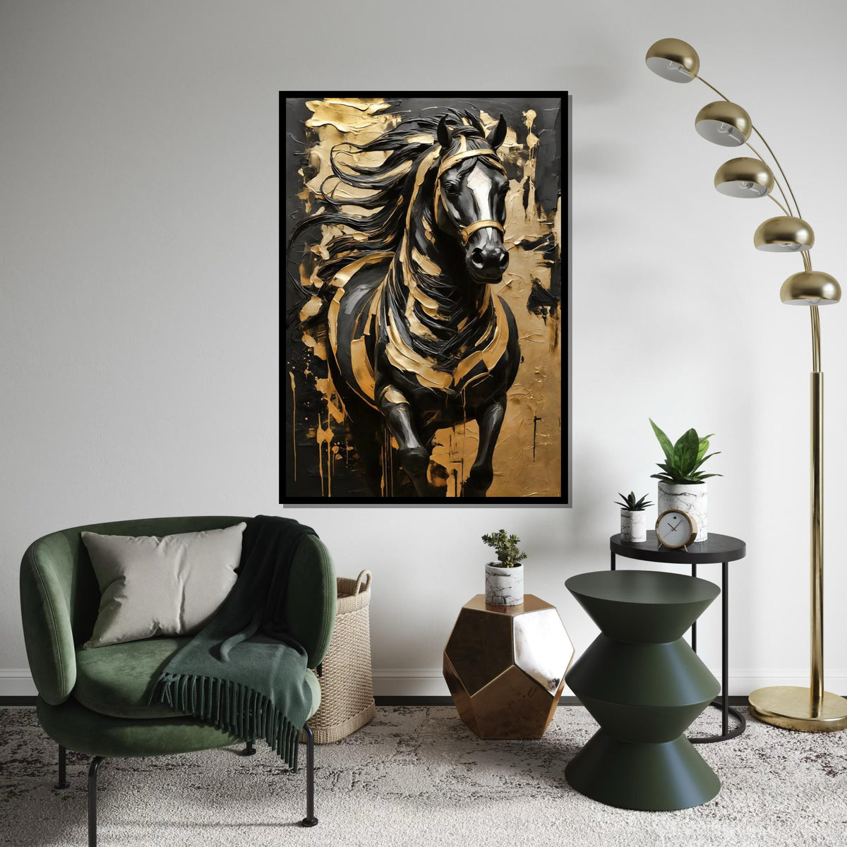 Majestic Black Stallion Canvas, Gold Accents Horse Wall Art, Equine Canvas Design, Black and Gold Art, Ready to Hang Wall Decoration