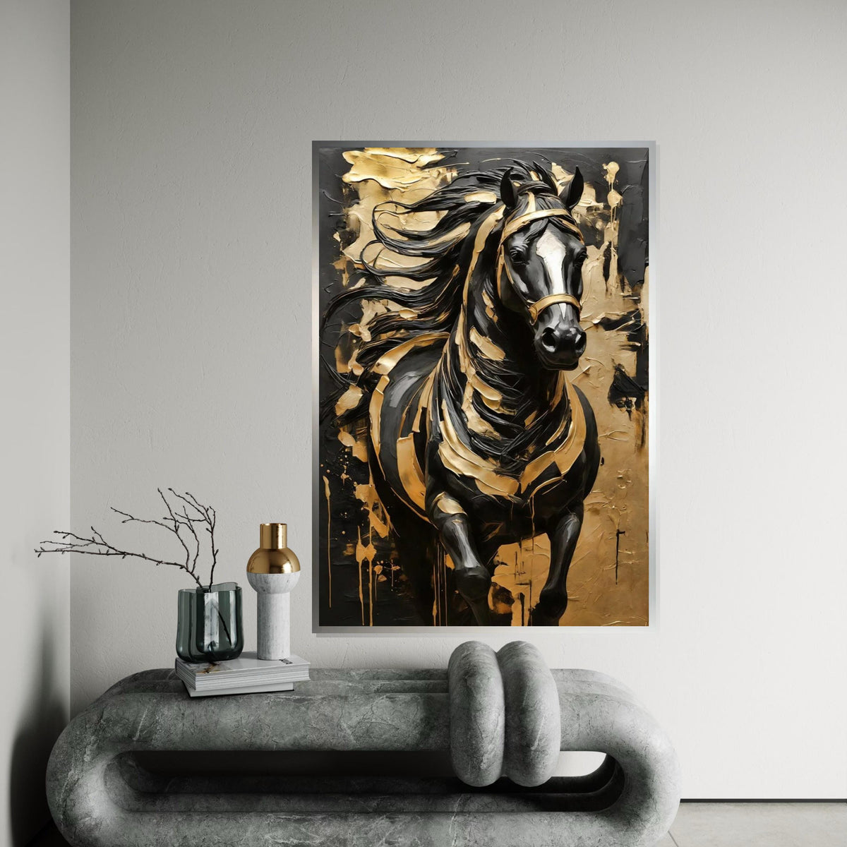 Majestic Black Stallion Canvas, Gold Accents Horse Wall Art, Equine Canvas Design, Black and Gold Art, Ready to Hang Wall Decoration