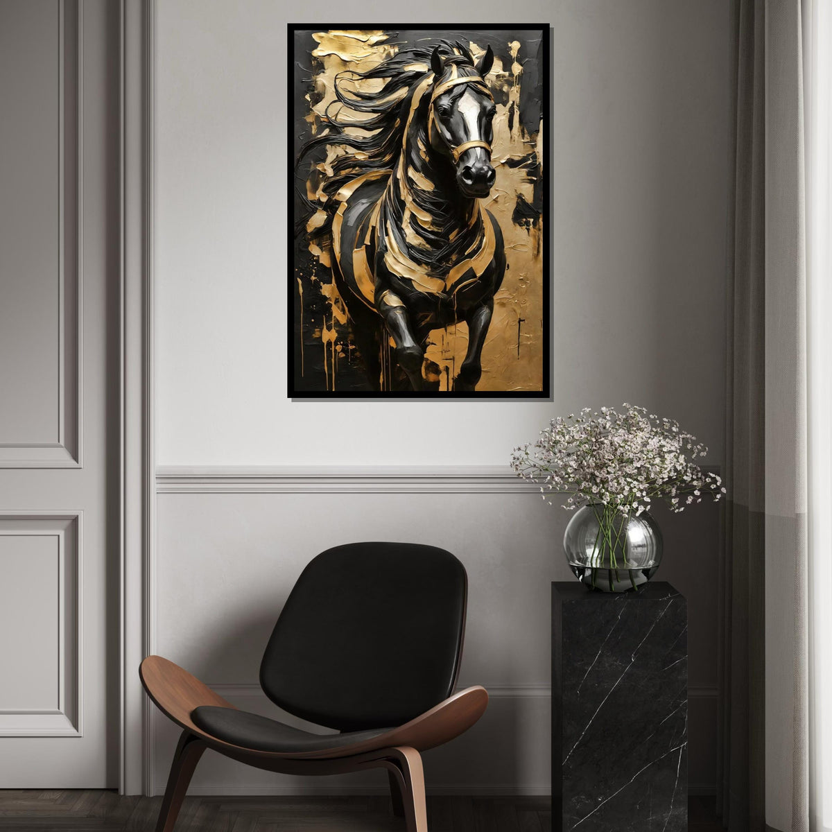 Majestic Black Stallion Canvas, Gold Accents Horse Wall Art, Equine Canvas Design, Black and Gold Art, Ready to Hang Wall Decoration