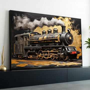 Golden Steam Train Canvas, Locomotive Wall Art, Train Decor, Industrial Art, Wall Art Canvas Design, Ready to Hang Decoration