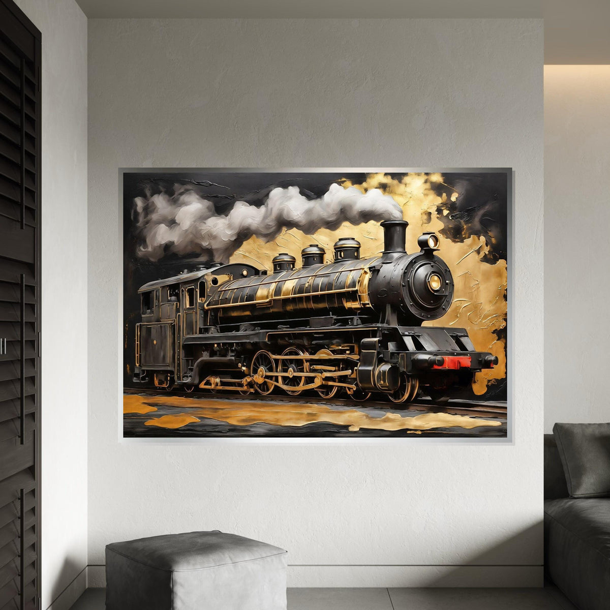 Golden Steam Train Canvas, Locomotive Wall Art, Train Decor, Industrial Art, Wall Art Canvas Design, Ready to Hang Decoration