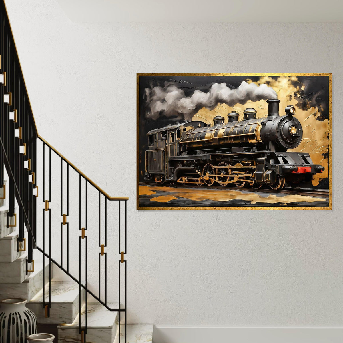 Golden Steam Train Canvas, Locomotive Wall Art, Train Decor, Industrial Art, Wall Art Canvas Design, Ready to Hang Decoration