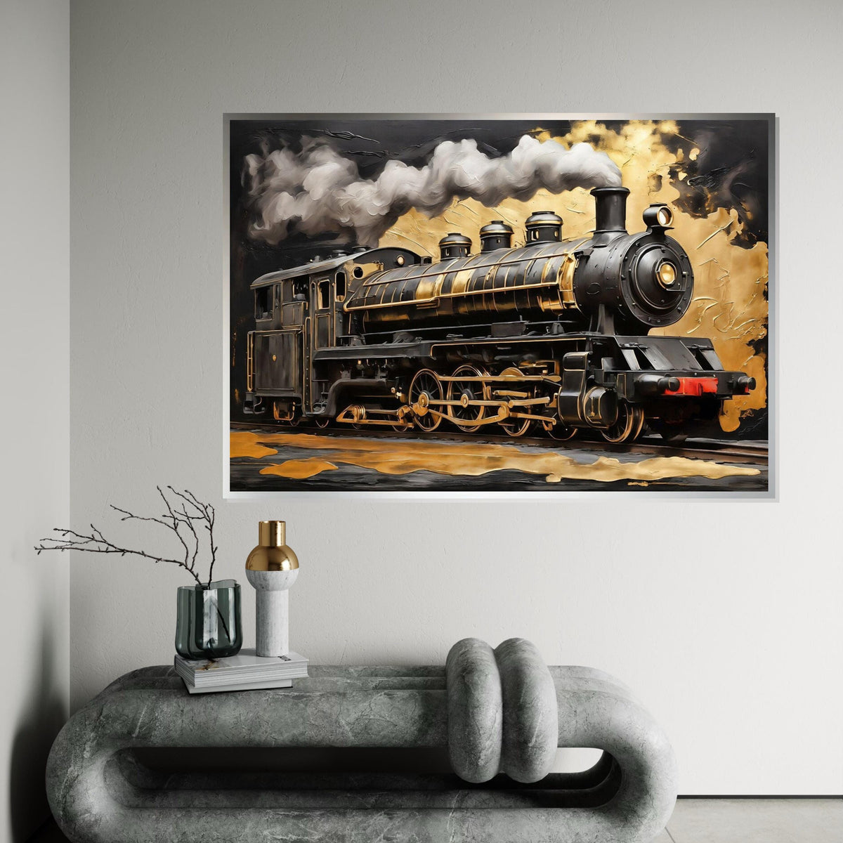 Golden Steam Train Canvas, Locomotive Wall Art, Train Decor, Industrial Art, Wall Art Canvas Design, Ready to Hang Decoration