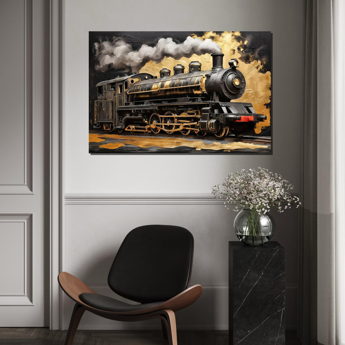Golden Steam Train Canvas, Locomotive Wall Art, Train Decor, Industrial Art, Wall Art Canvas Design, Ready to Hang Decoration
