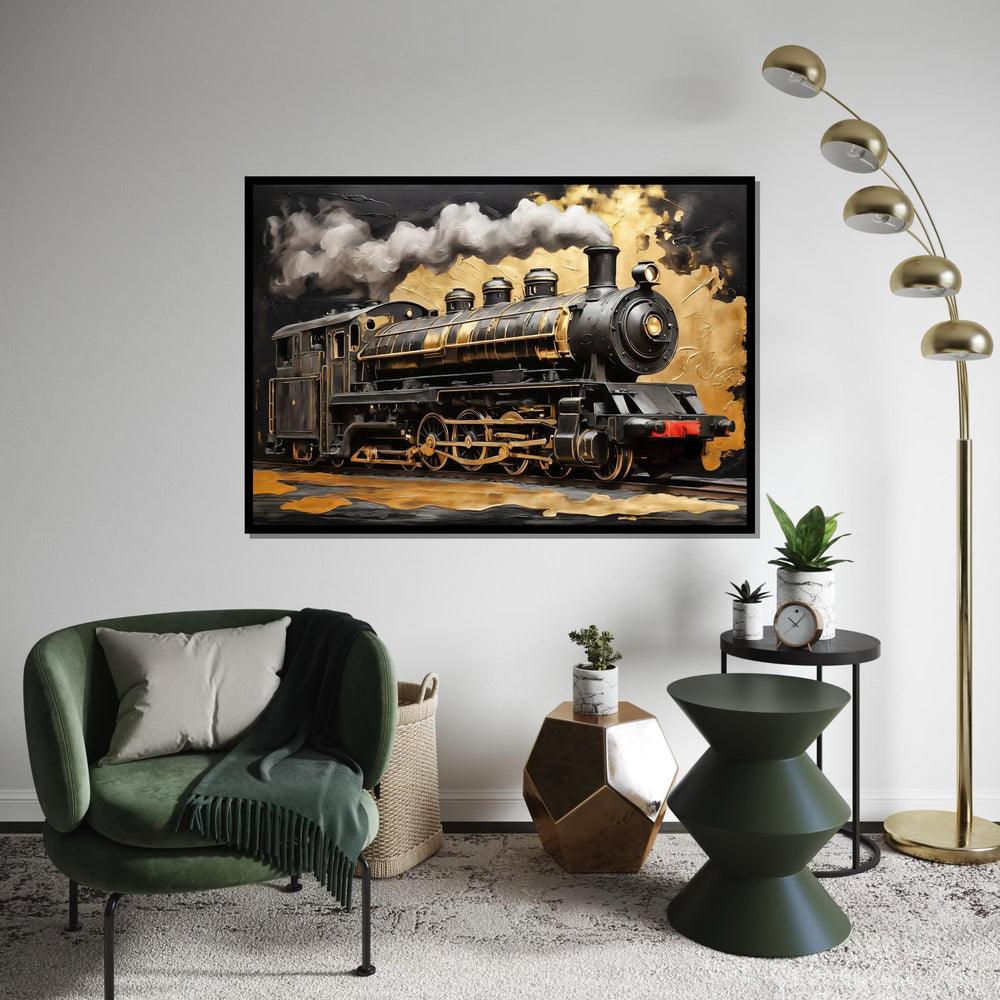 Golden Steam Train Canvas, Locomotive Wall Art, Train Decor, Industrial Art, Wall Art Canvas Design, Ready to Hang Decoration