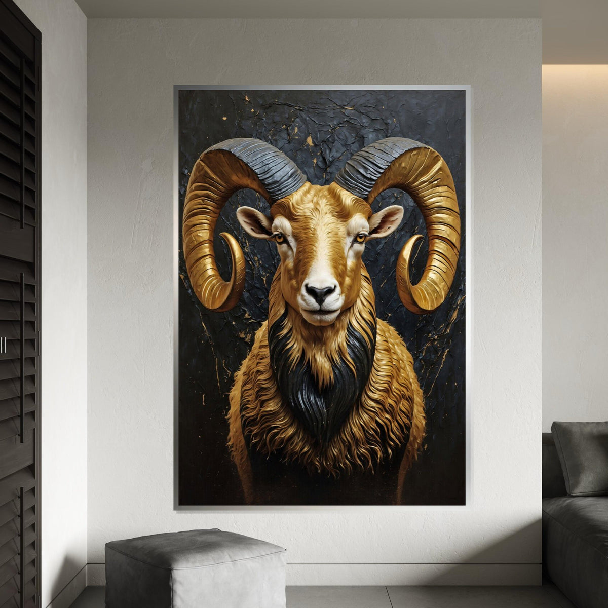 Majestic Ram Canvas, Golden Horns Wall Art, Animal Portrait Print, Wall Art Canvas Design, Ready to Hang Decoration