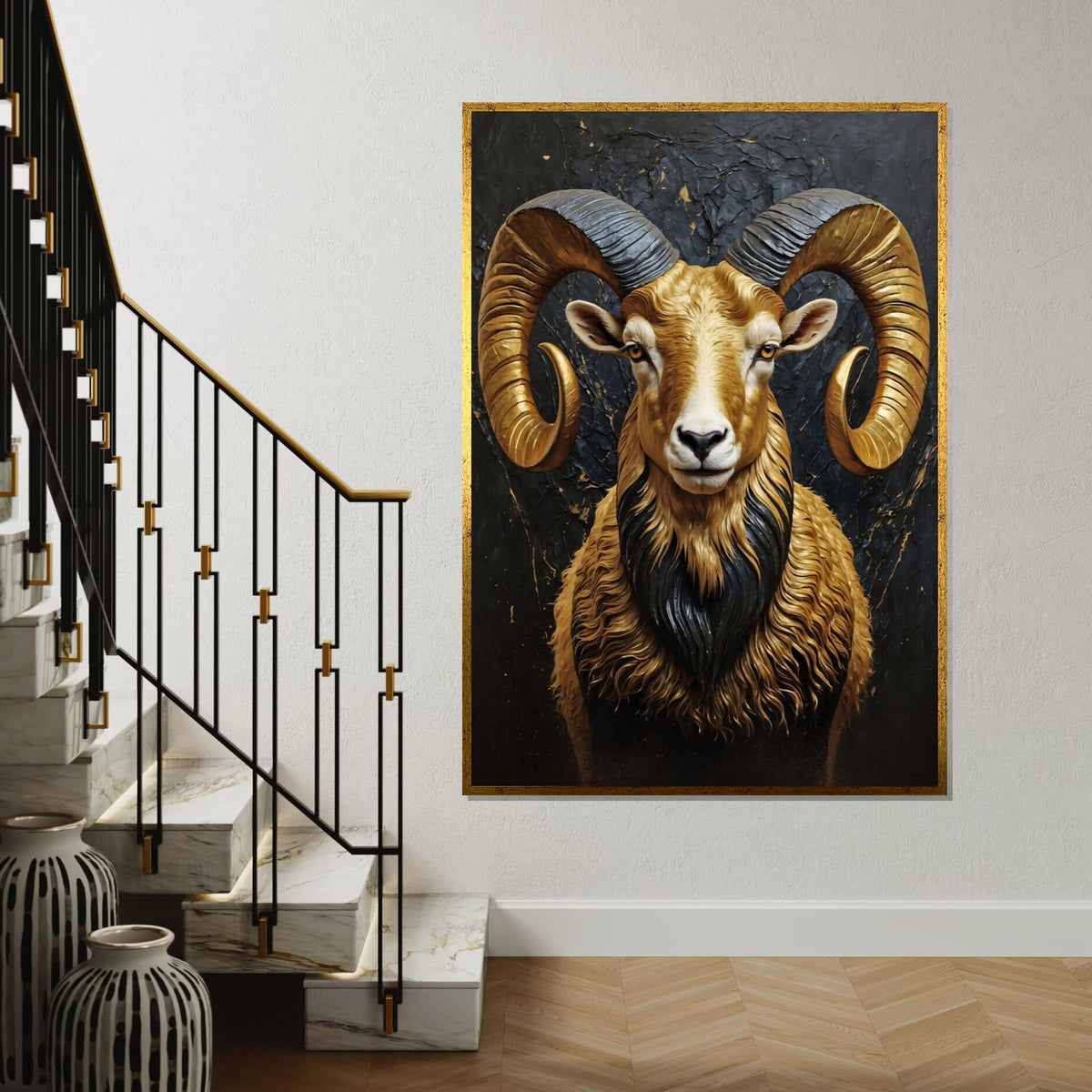 Majestic Ram Canvas, Golden Horns Wall Art, Animal Portrait Print, Wall Art Canvas Design, Ready to Hang Decoration