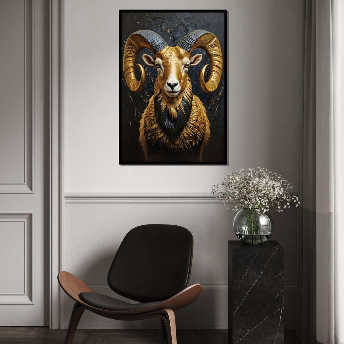 Majestic Ram Canvas, Golden Horns Wall Art, Animal Portrait Print, Wall Art Canvas Design, Ready to Hang Decoration